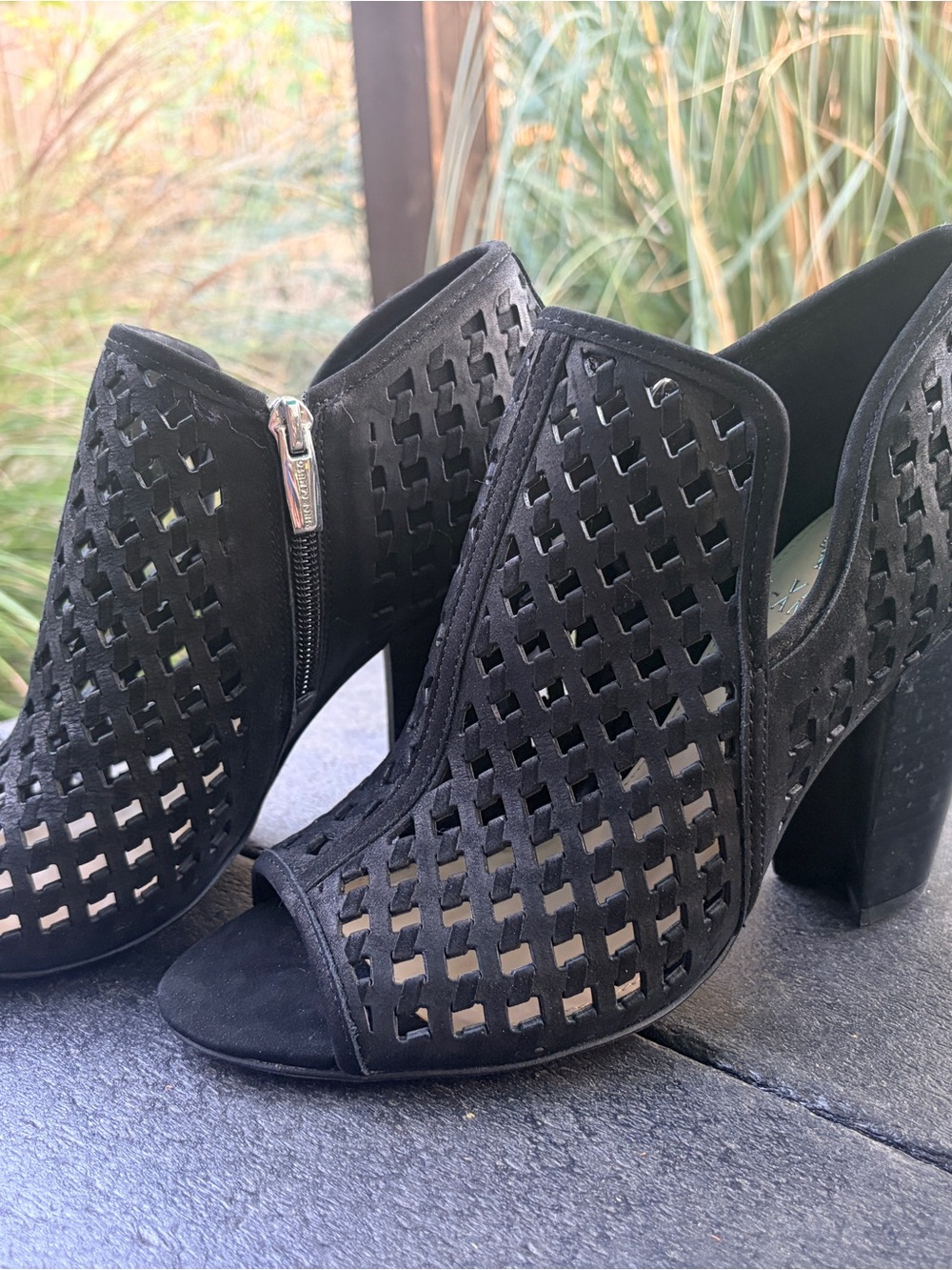Vince Camuto Black Suede Perforated Peep Toe Booties 8.5